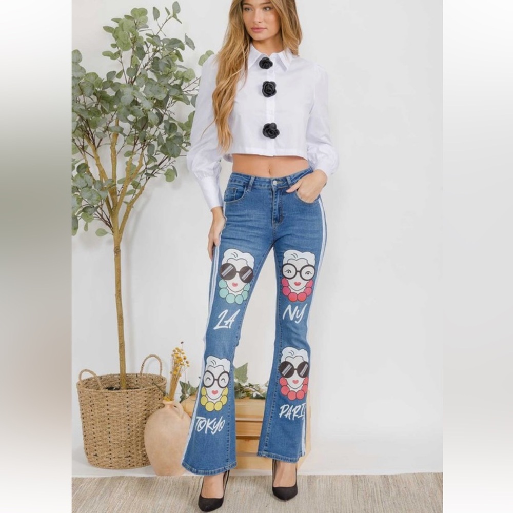 Blue Denim Flare Jeans with Colorful Pop-Art Faces